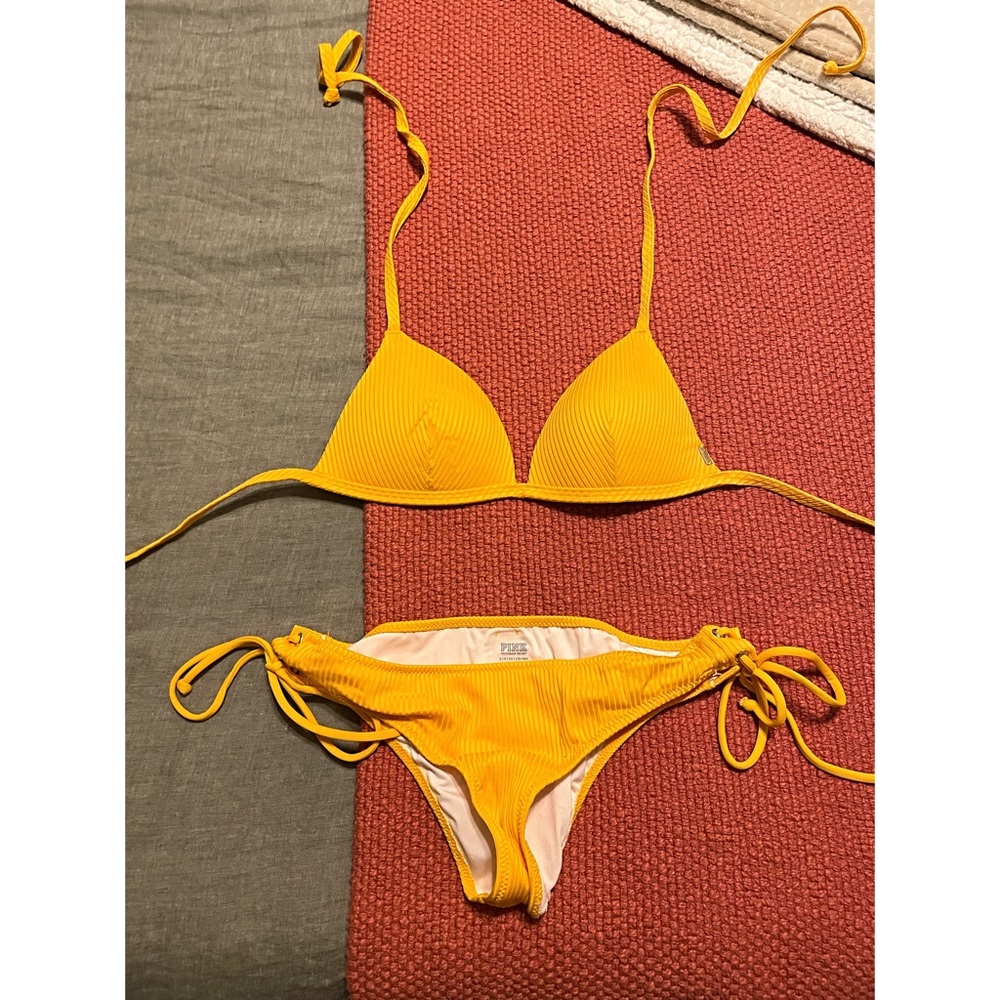 Ribbed Yellow Victoria Secret Pink Triangle Bikini Set